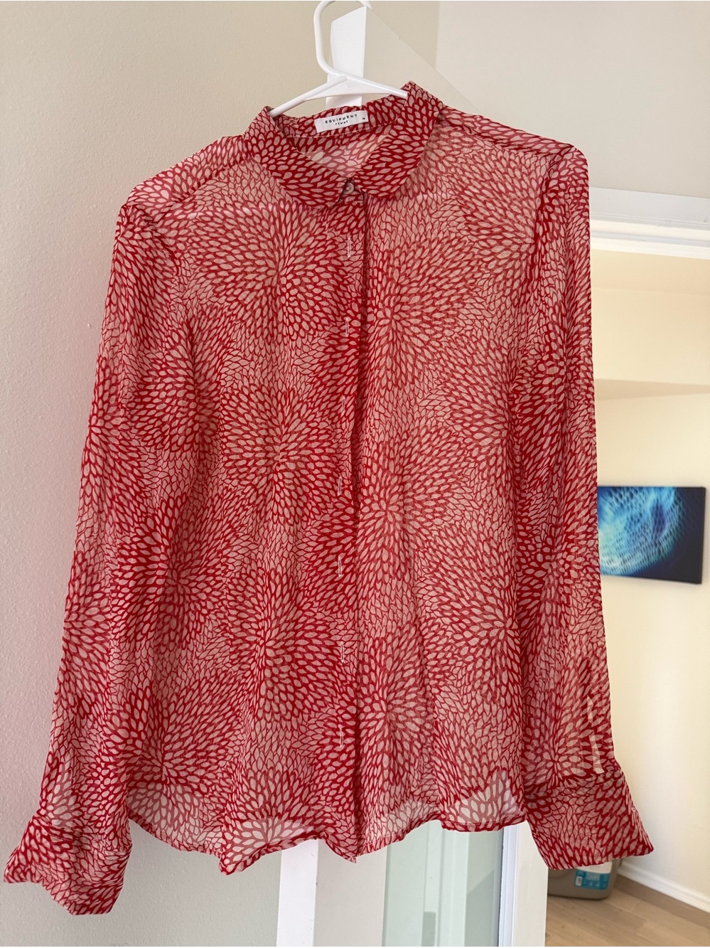 Equipment red and white silk print long sleeve button down blouse size M
